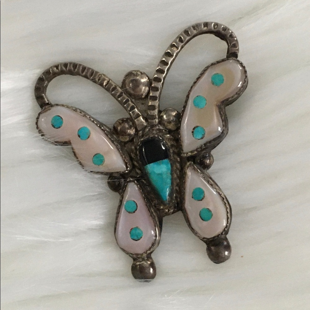 Rare VTG. Native American/Zuni sterling ,turquoise,  MOP butterfly brooch